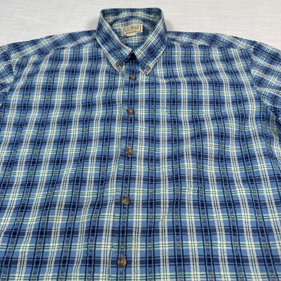 VTG 90s LL Bean Men XL Blue Plaid Short Sleeve Button Up Shirt Textured USA Made - Picture 10 of 12